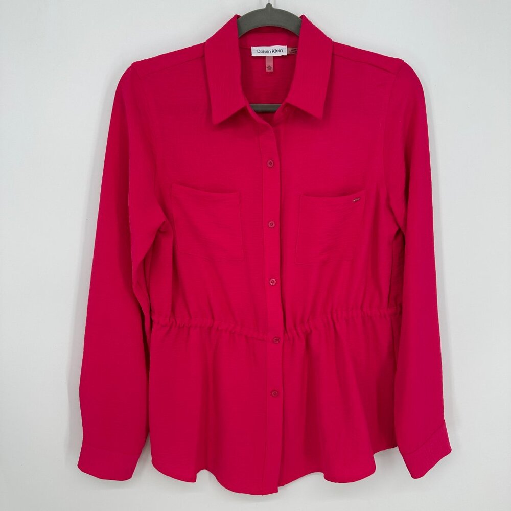 3/$25 Calvin Klein‎ Cinched Waist Button Down Shirt XS Womens Long Sleeve Pink